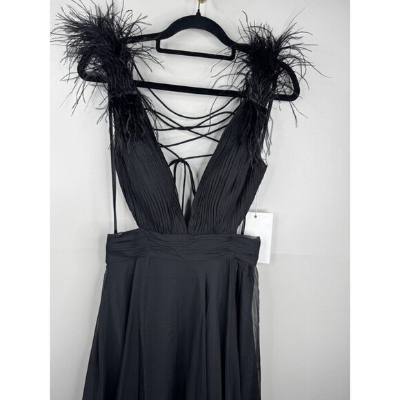 Mac Duggal 68113 Black Maxi Dress Plunge Neck Ostrich Feather Open Back Size 6 - Picture 4 of 6